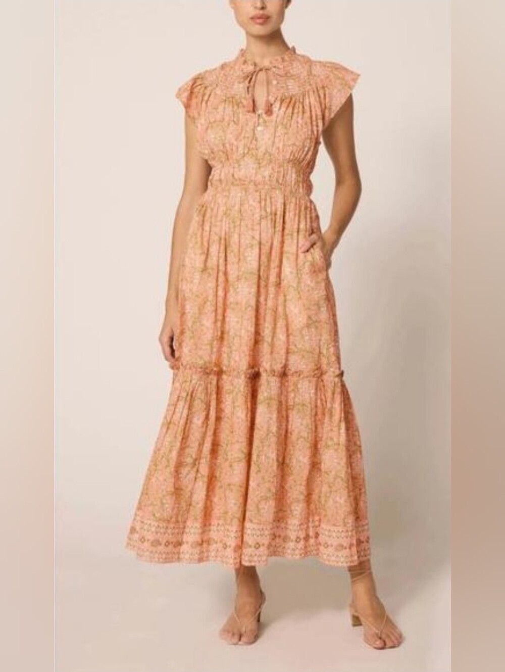 CLEOBELLA Indira Cecil Peach Floral Maxi Dress Tie-Neck NEW Sz Medium